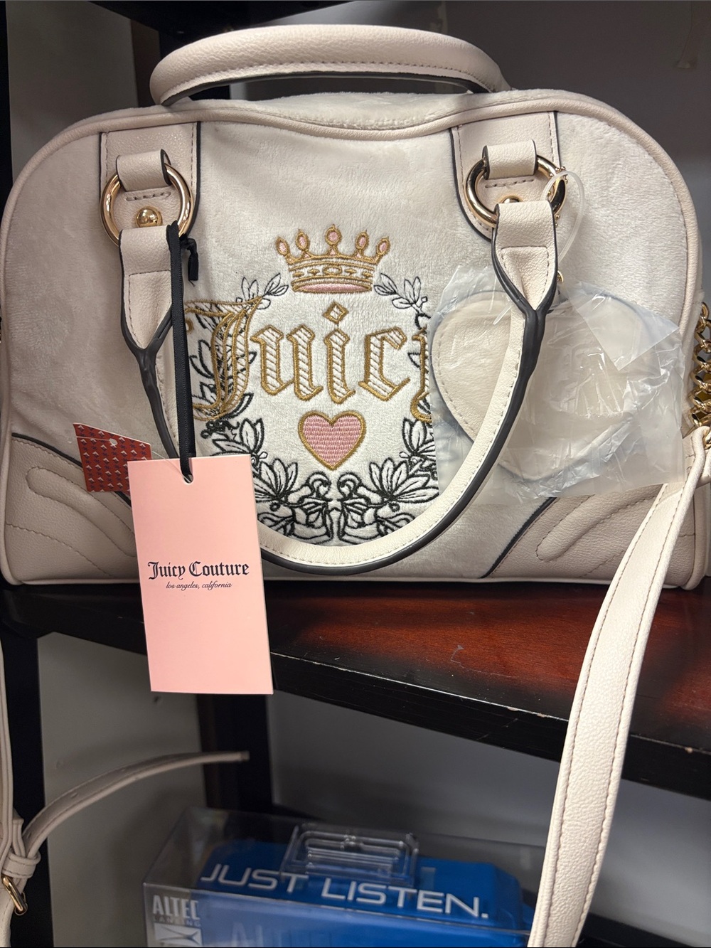 Juicy Couture Cream Embroidered Logo Satchel with Gold Accents
